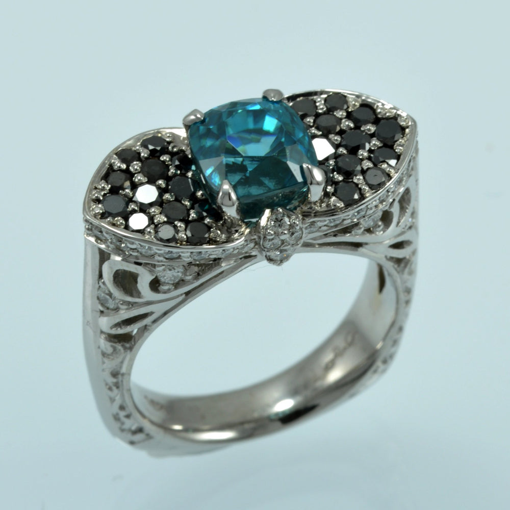 Blue Zircon balck diamond ring